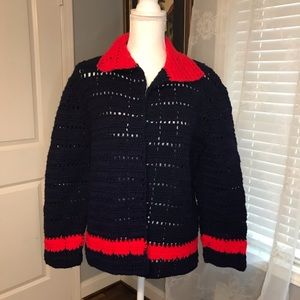Navy Blue & Red Knit Cardigan SZ S/M